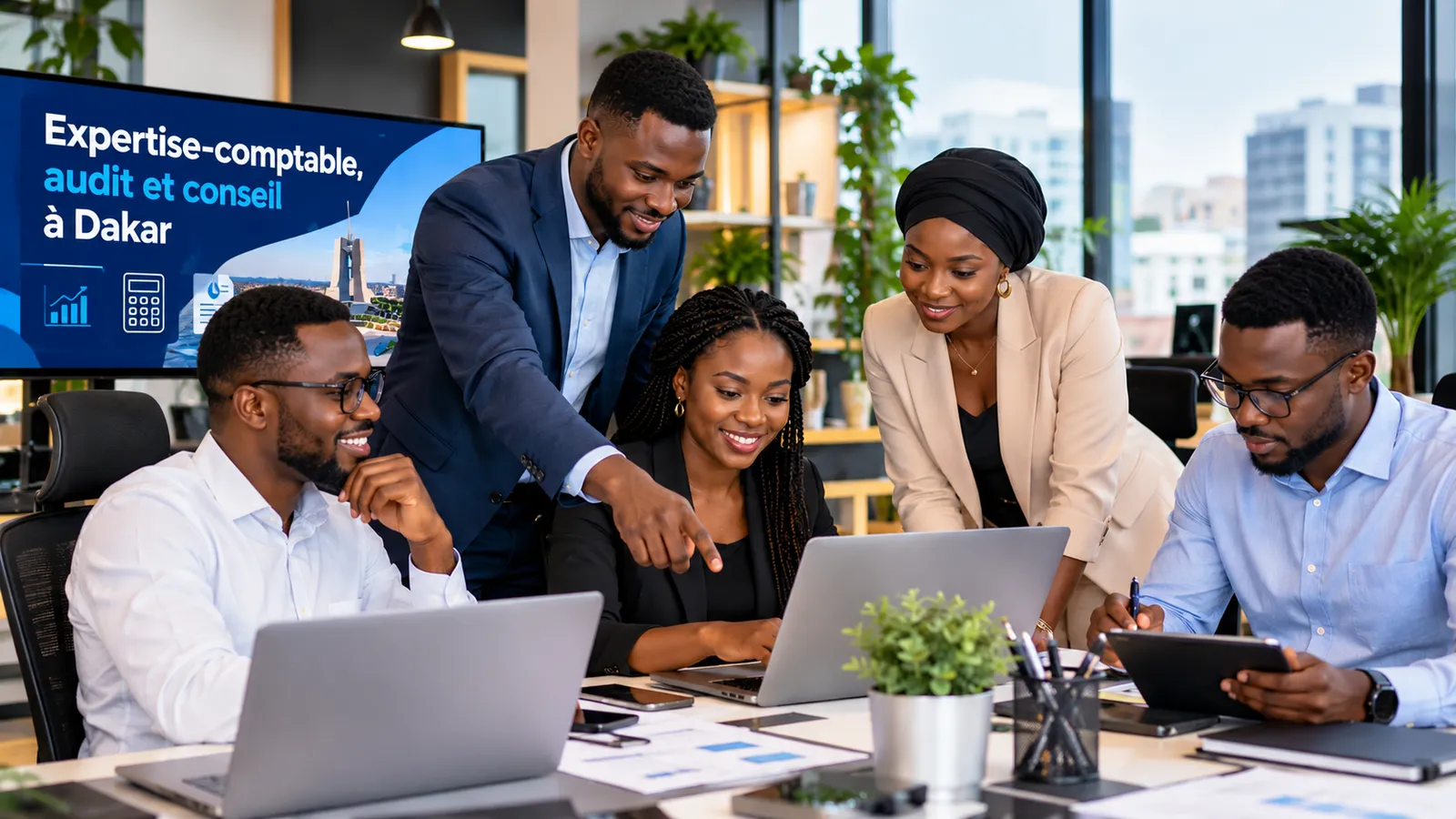 Une équipe de cinq collaborateurs travaille ensemble autour d’un ordinateur portable, devant un écran affichant « Expertise-comptable, audit et conseil à Dakar »