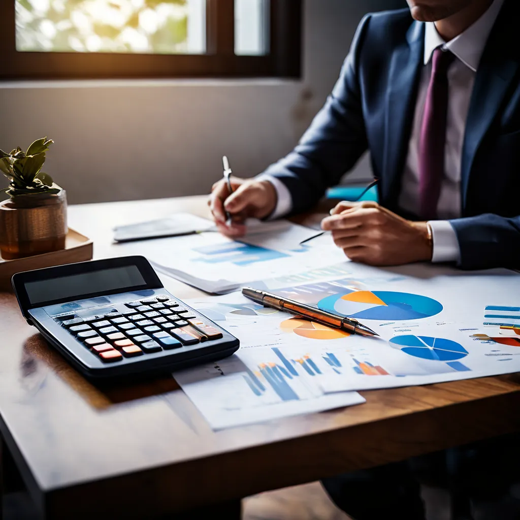 Un conseiller en costume annote des rapports financiers, avec graphiques et calculatrice sur son bureau