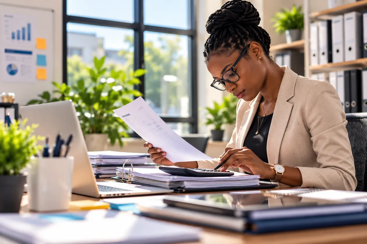 Une collaboratrice examine un document et utilise une calculatrice à son bureau